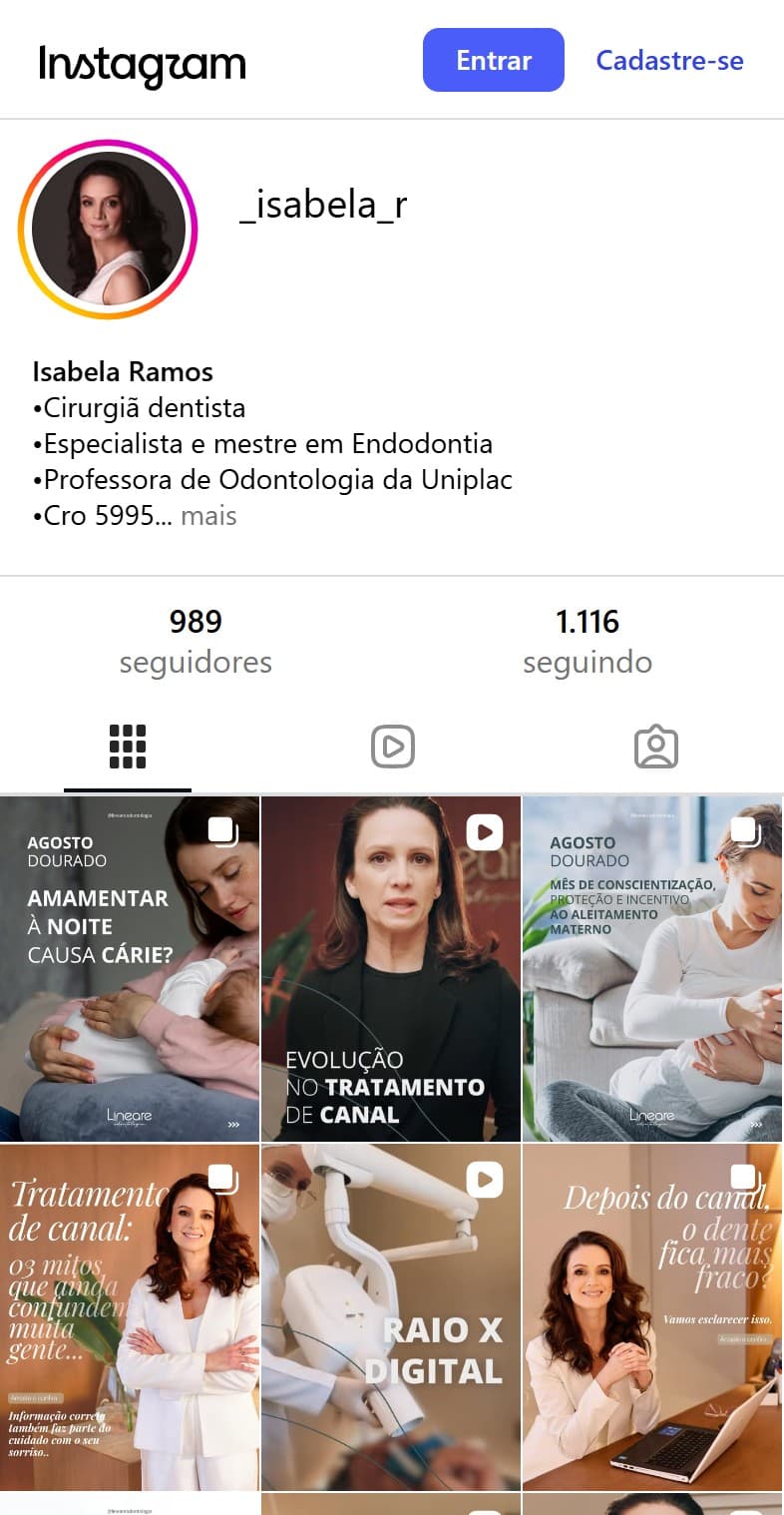 Captura real do perfil @_isabela_r no Instagram, com apresentação e publicações da Dra. Isabela Ramos.